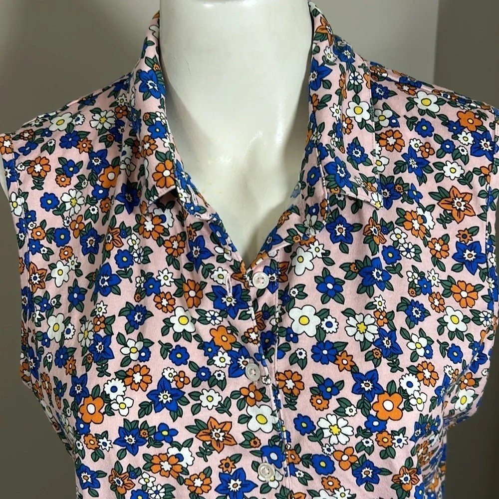 Tory Burch Polo MERCERIZED COTTON SLEEVELESS RIBBON WILD PRINTED FLOWER Top XL